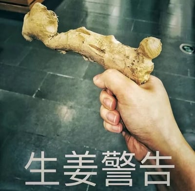 一只手握着一块形状奇特的生姜，这块生姜的天然生长形态酷似一把手枪——姜体弯曲形成枪管，顶部凸起部分如同枪把，整体造型惟妙惟肖。图片底部配有白色文字“生姜警告”，背景为深色瓷砖地面，光线清晰地展现了生姜的纹理细节。这张图通过日常生活中食材的趣味造型引发笑点，属于典型的“万物皆可拟人/拟物”类分享内容。