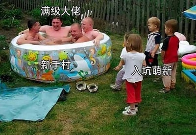 这张梗图用一个充气小泳池的场景来类比网络游戏/社区中的“新手村”、“满级大佬”和“入坑萌新”的关系。泳池里有几位成年人泡着，头顶配字“满级大佬”，泳池标注为“新手村”，而站在外面的小朋友被标注为“入坑萌新”。该图巧妙地体现了新手对大佬的崇拜、社群中“鄙视链”以及等级和圈层的幽默嘲讽。没有谐音梗，但有明显的等级感暗示和圈层区隔的调侃。