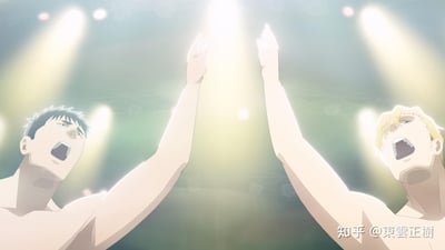 两名动漫男性角色在舞台灯光下高举双手庆祝胜利的场景。画面中，左侧角色有着深色短发，右侧角色为金色短发，两人均仰头张嘴，露出激动呐喊的表情，背景是多束明亮的舞台聚光灯，营造出热烈而振奋的氛围。