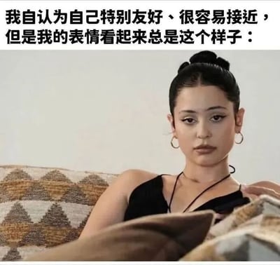 图片上方配有文字：'我自认为自己特别友好、很容易接近，但是我的表情看起来总是这个样子：'，下方是一位女性的照片。她头发梳成发髻，戴着大圈耳环，身穿黑色无袖上衣，坐在带有几何图案的沙发上，手搭在毯子上，面部表情显得较为严肃、中性，与文字中描述的'友好、容易接近'形成鲜明反差，营造出一种自嘲式的幽默效果。