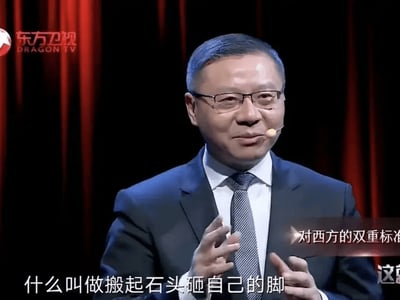这是东方卫视政论节目《这就是中国》的视频截图，画面中学者张维为身着深色西装、白色衬衫并搭配领带，佩戴眼镜，面带微笑，双手抬起做出演讲的手势，正在发言。图中配有两处文字，底部文字为“什么叫做搬起石头砸自己的脚”，右侧文字为“对西方的双重标准”，结合画面场景，是张维为在节目中对西方的双重标准行为进行点评，指出这类行为最终会反噬自身，没有双关、谐音梗等特殊内容。