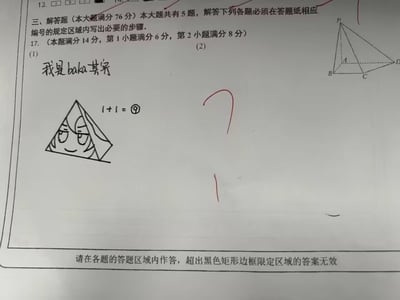 这张图展示的是数学试卷第17题立体几何解答题的答题区域，该题总分14分，要求考生在指定区域作答。考生没有填写正常的解题步骤，而是在答题区手写了“我是baka其实”的文字，其中baka是日语“笨蛋”的罗马音，还手绘了一个带有二次元动漫人脸的三角形涂鸦，旁边标注了错误算式“1+1=9”，答题区域还有老师批改留下的红色笔迹，试卷底部印有超出答题区域作答无效的提示文字。
