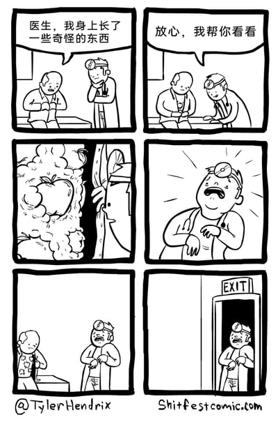 这是一组六格的搞笑黑白连环漫画：第一格中，面露担忧的患者坐在诊台上，向医生诉说“医生，我身上长了一些奇怪的东西”；第二格中，医生一脸淡定地回应“放心，我帮你看看”，并凑近准备查看患者的胸口；第三格是医生的视角，看到患者胸口位置冒出烟雾，烟雾中浮现出一个冒烟的苹果；第四格中，医生瞬间露出极度惊恐崩溃的表情，大张着嘴，身体后仰，情绪失控；第五格中，患者掀开自己的衣服，露出的胸口其实是完全正常的，衣服内侧还有苹果样式的图案；第六格中，医生惊恐地朝着标有“EXIT”的出口门跑去，慌忙逃离诊室。整个漫画通过医生的视觉错觉和夸张的反应制造出荒诞搞笑的效果，反转的剧情带来强烈的喜剧反差。