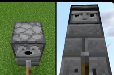 图片展示了两个Minecraft风格的方块角色对比。左侧是一个站立在绿色草地上的灰色方块角色，具有惊讶的表情特征，顶部有类似头发的纹理，正面有两个小圆点作为眼睛和一个黑色方块作为嘴巴。右侧是一个更高的灰色方块结构角色，站立在蓝天背景下，具有更严肃的表情，顶部有类似眉毛的结构，下方有类似门的设计元素。两个角色都采用了Minecraft标志性的像素化方块风格构建。