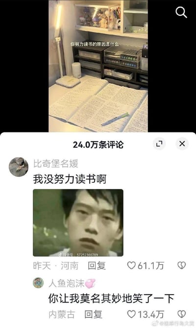 图片上半部分展示了一张深夜学习场景：书桌铺着写满笔记的打开的笔记本，旁边放着一支笔，桌角有台灯照亮，后方书架上摆放着玩偶、文具和电子设备，画面上方配有文字“你努力读书的原因是什么”。下半部分是社交媒体评论区截图，显示有24.0万条评论。热评第一条来自用户“比奇堡名媛”，内容为“我没努力读书啊”，并附带一张人物黑白照片，获赞61.1万；第二条评论来自“人鱼泡沫”，内容“你让我莫名其妙地笑了一下”，获赞13.4万。整体通过学习场景与幽默自嘲的评论形成反差，引发共鸣。