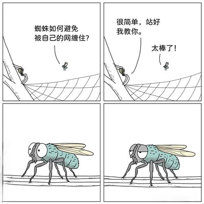 四格卡通漫画描绘了苍蝇与蜘蛛的搞笑互动：第一格苍蝇好奇询问“蜘蛛如何避免被自己的网缠住？”；第二格蜘蛛淡定回应“很简单，站好我教你。”，苍蝇兴奋表示“太棒了！”；第三格特写苍蝇睁大眼睛、充满期待的表情；第四格苍蝇表情转为困惑，似乎没得到有效指导。整体风格轻松幽默，通过动物对话制造笑点。