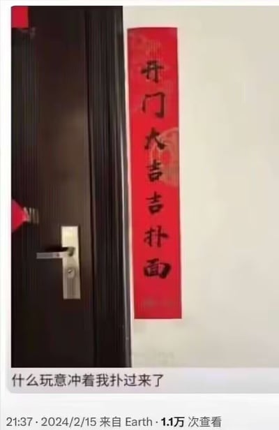 图片为一张春联恶搞梗图，拍摄在房门外侧，右侧贴着一副春联，内容为“开门大吉补面”。原意应是“开门大吉大利”，但故意改成“补面”，加入了谐音双关梗，令人捧腹。下方的评论“什么玩意冲着我补过来了”更加强了荒诞幽默感。

谐音双关说明：春联下联用“补面”替换成原有的吉祥话，和“补票”、“补办门面”等网络词语构成轻松玩梗，带有调侃和反套路气氛。