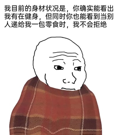 图片中是一个裹着红棕格子毯子的光头卡通角色，上方配有文字：‘我目前的身材状况是，你确实能看出我有在健身，但同时你也能看到当别人递给我一包零食时，我不会拒绝’。整体通过幽默的方式展现了一种平衡健身与享受零食的生活态度，角色表情中性，画面简洁，引发观众共鸣。