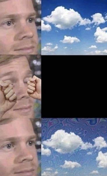 这是一组三格连环拼接图，第一格呈现男子正常看向右侧的蓝天白云；第二格是男子双手用力揉眼睛，右侧画面变为纯黑色；第三格是男子再次看向右方，原本的蓝天白云背景被修改成带有扭曲波纹效果的云彩，用夸张的P图效果还原了揉眼睛后视觉产生变形的真实日常体验，让观者产生强烈共鸣。