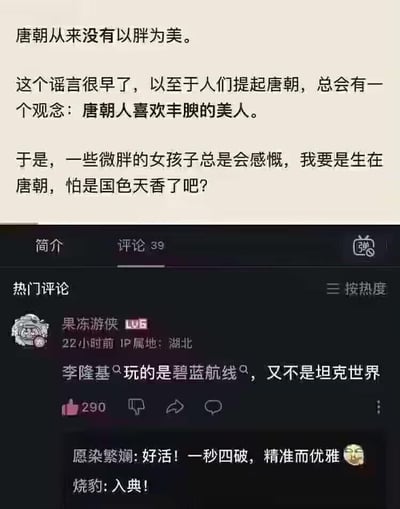 这张图片分为上下两个部分：上半部分是一段关于唐朝审美的辟谣文字，标题为「唐朝从来没有以胖为美」，正文指出「唐朝人偏爱丰腴美人」是长期流传的谣言，还提到不少微胖女生会调侃自己若生在唐朝会是国色天香；下半部分是哔哩哔哩（B站）的评论区截图，用户「果冻游侠」发布了一条玩梗评论：「李隆基玩的是碧蓝航线，又不是坦克世界」，用两款游戏的风格差异——《碧蓝航线》角色多为纤细优美的舰娘，《坦克世界》则是厚重庞大的坦克——来幽默反驳唐朝以胖为美的谣言，这条评论获得290个赞，下方还有其他用户留言「好活！一秒四破，精准而优雅」「入典！」，称赞这个巧妙的玩梗内容。整个内容以科普加玩梗的方式，用轻松幽默的态度纠正历史误区。