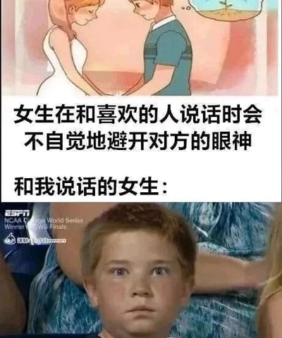 这是一张上下拼接的对比类梗图，采用顶配底文的形式呈现。上方是一幅卡通插画，描绘了一对男女相对的场景，配文说明“女生在和喜欢的人说话时会不自觉地避开对方的眼神”，展现了大众认知里女生面对心仪对象时害羞、不敢直视的状态；下方是一张来自ESPN赛事报道的视频截图，图中的小男孩瞪大双眼直视前方，配文“和我说话的女生：”，通过强烈的反差制造幽默效果，调侃自己并未获得女生的特殊对待，和自己交流的女生没有表现出害羞避眼的娇羞状态，反而直白地直视自己，以此表达一种自嘲式的搞笑情绪。