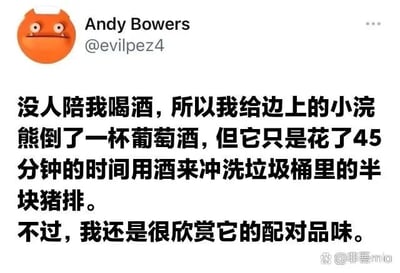 这是一张社交媒体截图，顶部是X（原Twitter）用户Andy Bowers的账号信息，头像为一个表情严肃、眉头紧皱的橙色卡通形象，下方是一段充满趣味的吐槽文字：用户称没人陪自己喝酒，于是给旁边的小浣熊倒了一杯葡萄酒，没想到小浣熊却花了45分钟的时间，用这杯酒去冲洗垃圾桶里的半块猪排，用户调侃自己依然欣赏小浣熊的餐酒搭配品味，以幽默的方式吐槽了这次“失败”的找伴喝酒经历，整体氛围轻松搞笑。