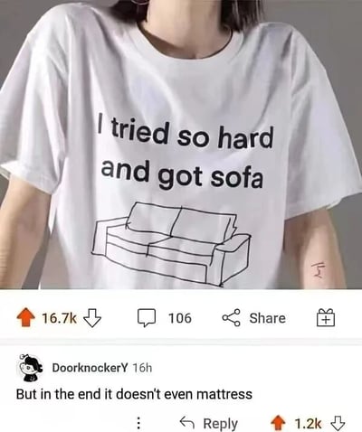 图片展示了一件印有幽默文字和图案的白色T恤，文字内容为'I tried so hard and got sofa'，下方配有一个简笔画风格的沙发图案。图片下方显示了社交媒体平台的互动数据，包括16.7k的点赞数和106条评论。最顶部的评论来自用户DoorknockerY，内容为'But in the end it doesn't even mattress'，延续了T恤上的文字游戏。

这是一个基于林肯公园歌曲《In the End》歌词的谐音梗，原歌词为'I tried so hard and got so far, but in the end it doesn't even matter'，图中将'so far'替换为'sofa'(沙发)，评论中将'matter'替换为'mattress'(床垫)，形成有趣的家具主题双关。