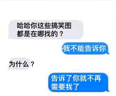 这是一张聊天对话形式的搞笑梗图，展示了两个人关于寻找搞笑图片来源的对话。上方白色气泡写着："哈哈你这些搞笑图都是在哪找的？"，下方蓝色气泡回应："我不能告诉你"。接着白色气泡追问："为什么？"，最后蓝色气泡给出幽默回答："告诉了你就不再需要我了"。整个图片采用简洁的对话形式，通过最后一句出人意料的回答制造笑点。