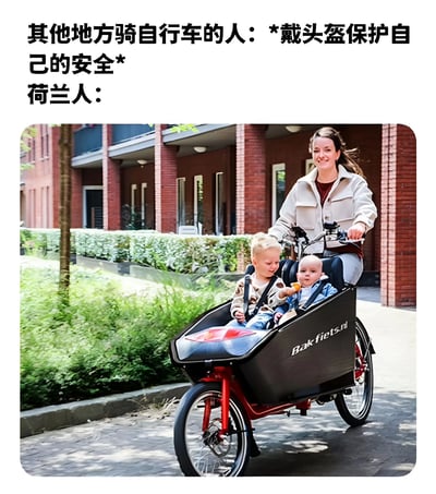 图片上方文字对比了“其他地方骑自行车的人：*戴头盔保护自己的安全*”与“荷兰人：”，下方是一张实拍照片：一位面带微笑的女性骑行者正骑着一辆黑色Bakfiets品牌的cargo自行车，车前方的儿童座椅里坐着两个小孩，一个稍大的孩子正拿着玩具，另一个婴儿被安全带固定着。背景是红砖建筑和绿植，整体场景展现了荷兰独特的自行车文化，通过对比幽默地突出荷兰人骑自行车时不戴头盔却携带儿童的现象。