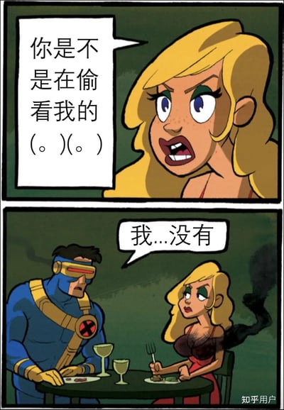 这是一张经典西方漫画改编的梗图，分为上下两格。上格女生问男生“你是不是在偷看我的（。）（。）”，下格男生尴尬否认“我…没有”，但女生胸口有两个明显的灼烧痕迹，对应男生眼镜发出的激光，暗示其实他一直在偷偷看。整体画风幽默，暗含男女之间关于“视线”与欲望的话题，通过夸张的方式表达出来。此梗有明显的双关与玩笑意味，核心笑点为视觉双关。