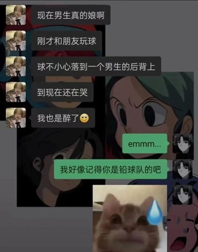 本图片是一组聊天截图表情包。开头用户吐槽“现在男生真的娘啊”，描述自己打球时不小心让球砸在男生背上，对方竟然哭了，还自嘲“我也是醉了”。随后另一位聊天对象冷静回应“我好像记得你是铅球队的吧”，暗示主角扔的球不是普通的篮球等，而是重量极大的铅球，造成了喜剧反转。配合反应图片是一只带有“尴尬冷汗”表情的猫咪。整体属于典型的网络聊天反转笑话，含吐槽、冷知识梗与表情包联用，具备较好的传播性。

**双关与暗示**：最后的反转属于知识梗（铅球队专用），隐含主角不自知地描述自己暴力。猫咪表情增强了尴尬与无语气氛。