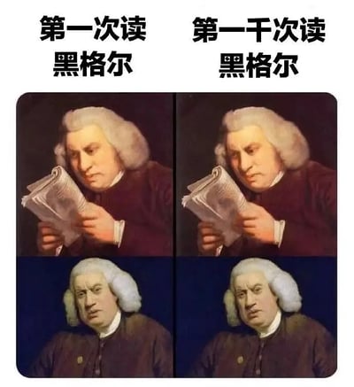 图片用四格对比，幽默展现了读者第一次和第一千次读黑格尔哲学书时，仍旧迷惑、懵逼的心理状态，暗指黑格尔作品晦涩难懂，令人反复琢磨也不见得能明白。视觉反复和配文形成强烈的自嘲氛围。