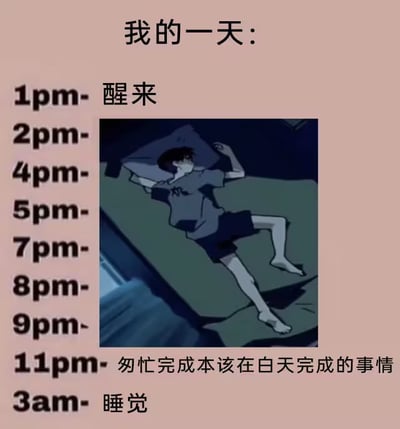 这是一张图文混排的搞笑表情包，整体背景为浅粉色，顶部标注文字“我的一天:”，随后列出自下午1点到凌晨3点的日程：下午1点醒来，从下午2点到晚上9点的时间段旁配了一张动漫角色碇真嗣瘫躺在床上、姿态放松倦怠的截图，对应这段时间都躺着荒废的状态，之后标注晚上11点才匆忙完成本该在白天做完的事务，最后凌晨3点睡觉，生动讽刺了当代很多人作息颠倒、白天拖延摆烂、夜间被迫赶工的生活状态，很容易引发年轻人的共鸣。