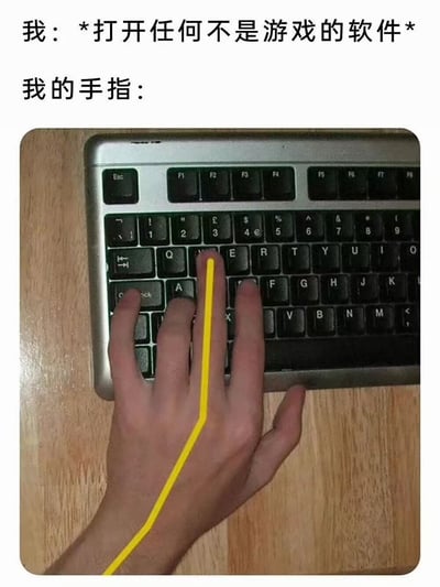 这是一张搞笑共鸣向梗图，采用顶部配文加下方实拍图的形式：上方配文分为两行，分别为“我：*打开任何不是游戏的软件*”和“我的手指：”，下方实拍内容为木质桌面上摆放着键盘，一只手放在键盘上，黄色线条标注出中指刚好停在W键位置，是游玩FPS等需要频繁按W键前进的游戏时的经典手部姿势，整体调侃游戏玩家的操作肌肉记忆已经刻入日常习惯，哪怕打开非游戏类软件，手指也会下意识摆出玩游戏时的操作姿势。