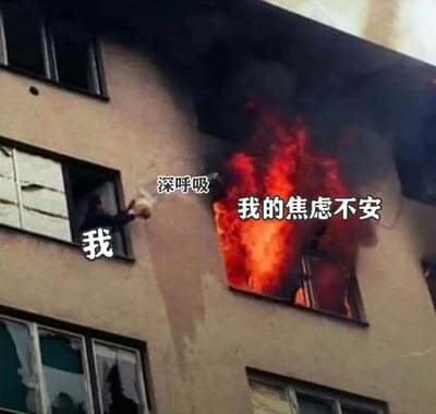 图片展示了一栋着火的建筑物，右侧窗户正冒出熊熊烈火和浓烟。左侧窗户有一人探身出来，旁边配有文字"我"和"深呼吸"，而火焰上方则写着"我的焦虑不安"。这张图通过夸张的比喻，将内心的焦虑不安比作熊熊燃烧的大火，用幽默的方式表达了人们面对强烈焦虑时的感受。