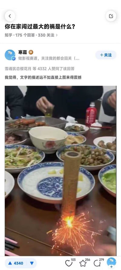 这是一张源自知乎话题“你在家闻过最大的祸是什么？”的热门梗图。画面中在家庭聚餐餐桌上有人直接点燃了小型烟花，火花四溅，和温馨日常吃饭的场景形成极度反差，画风离谱、令人捧腹。标题中“祸”既指灾祸又带有幽默自嘲色彩。整体语言风格轻松，适合用来自嘲家人行为奇葩，用于社交网络调侃。