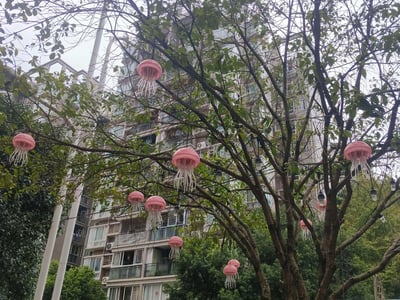 这是一张在居民小区拍摄的实景照片，树木的枝桠间悬挂着多个粉色水母造型的装饰灯，搭配复古灯泡样式的串灯，为普通的小区绿化增添了梦幻趣味感。背景是带有阳台和空调外机的高层居民住宅楼，整体氛围温馨治愈，充满生活创意。