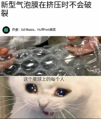 图片由两部分组成，上方是一条新闻提示“新型气泡膜在挤压时不会破裂”，下方是一只经典哭泣猫表情，并有文字“这个星球上的每个人”，用幽默对比表现大家对无法再捏破气泡膜这一乐趣的集体失落和无奈。全图通过拼贴表达网友的共鸣和情感爆发，非常适合作为群聊、社交媒体吐槽时使用。无双关、谐音和暗示。