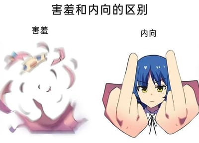 这张左右对比梗图，用生动的画面诠释了害羞和内向的区别：左侧的害羞状态表现为角色慌乱地将脸埋起，动作幅度大，传递出局促不安、不好意思的情绪；右侧是动画《孤独摇滚！》中的角色山田凉，她面无表情地对着镜头比出双中指，用带点攻击性的姿态，表现出内向者拒绝社交、不想被外界打扰的状态，以反差感满满的搞笑方式，直观区分两种性格特质的不同。