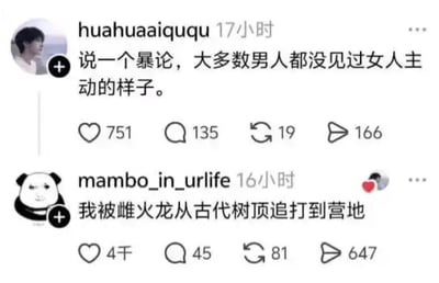 这是一张海外社交平台X（原推特）的用户评论互动截图，共展示两条相关发言：第一条是用户huahuaaiququ发布的观点，称“说一个暴论，大多数男人都没见过女人主动的样子”，该发言获得751个点赞、135条评论、19次转发和166次分享；第二条是用户mambo_in_urlife对前者的回复，玩梗称“我被雌火龙从古代树顶追打到营地”，这条回复获得了4千点赞、45条评论、81次转发和647次分享，热度远高于原发言，回复借用游戏中雌性怪物主动追击玩家的设定，幽默调侃了原评论的片面观点，形成强烈的搞笑效果。