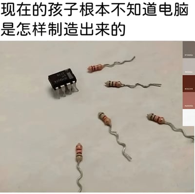 图片上方有黑色文字“现在的孩子根本不知道电脑是怎样制造出来的”，下方是一张实拍图，展示了白色背景上的电子元件，包括一个黑色的集成电路芯片（带有金属引脚和文字标识）和多个带彩色色环的电阻，电阻引脚呈弯曲状。整体通过文字与硬件元件的结合，表达对当代孩子缺乏电脑制造基础知识认知的调侃与反思。