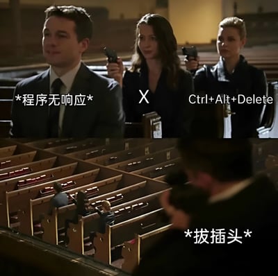 这张梗图使用电影或电视剧的场景，幽默地展示了处理程序无响应的不同方法。上半部分显示两个持枪女性分别代表"X"(关闭窗口)和"Ctrl+Alt+Delete"(任务管理器)，对准代表无响应程序的男性。下半部分从背后视角展示有人看着这个场景的微缩模型，标注"拔插头"，暗示这是最后的终极解决方案。