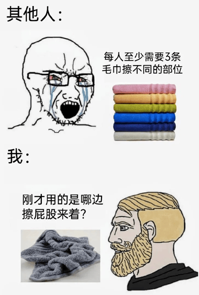 这是一张对比风格的幽默梗图，分为上下两部分。上半部分标题为“其他人”，左侧是一个戴着眼镜、光头、满脸皱纹且流泪大喊的卡通男性形象，右侧是一叠整齐的彩色毛巾（粉、橙、绿、蓝、灰），配文“每人至少需要3条毛巾擦不同的部位”，展现出对毛巾分类使用的讲究。下半部分标题为“我”，左侧是一条皱巴巴的灰色毛巾实物图，右侧是一个留着胡子、金发、表情困惑的卡通男性侧脸，配文“刚才用的是哪边擦屁股来着？”，形成鲜明对比，自嘲自己在毛巾使用上的随意与混乱，通过夸张的人物表情和场景反差制造笑点。