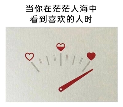 这是一张图文混排的静态创意图，上方配有文字“当你在茫茫人海中看到喜欢的人时”，下方是一个模拟心跳仪表盘的插画设计：仪表盘上有空心红心、半实心红心、实心红心三种刻度，红色的指针快速跳动指向最右侧的实心红心，指针和刻度旁的动态线条模拟出指针快速摆动的效果，生动形象地还原了人们在看到心仪对象时，心跳瞬间加速、内心慌乱又激动的生理与心理状态，用趣味化的视觉语言表达了恋爱初期的细腻情绪。