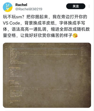 这是X（原Twitter）用户Rachel发布的针对开发者的搞笑整蛊内容，用“SM”玩梗（并非真正的性虐），指将开发者捆起来后，修改其VS Code编辑器的核心配置：替换为复古羊皮纸背景、潦草手写体字体、乱调语法高亮、设置随机数量的缩进空格，以此“折磨”有代码格式强迫症的开发者。下方配图是修改后的VS Code界面，满屏手写体代码在泛黄羊皮纸背景上显示，完全违背开发者的代码阅读习惯，精准戳中程序员对编辑器配置、代码格式的敏感点，是程序员圈子里的搞笑整蛊向内容。