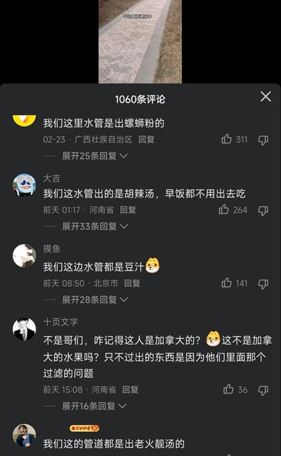 这是一张竖屏的短视频平台评论区截图，顶部的视频画面是户外步道，配文“牛奶直接通家中”，引发了各地网友的趣味玩梗评论。来自广西的网友评论“我们这里水管是出螺蛳粉的”，获得311个赞；河南网友“大吉”称“我们这水管出的是胡辣汤，早饭都不用出去吃”，获264赞；北京网友“摸鱼”调侃“我们这边水管都是豆汁”，还有网友提及加拿大相关内容，另有网友称“我们这的管道都是出老火靓汤的”。评论区通过夸张的玩笑，结合各地标志性美食进行互动，充满了地域特色的趣味氛围，是网友们对家乡美食的趣味调侃。