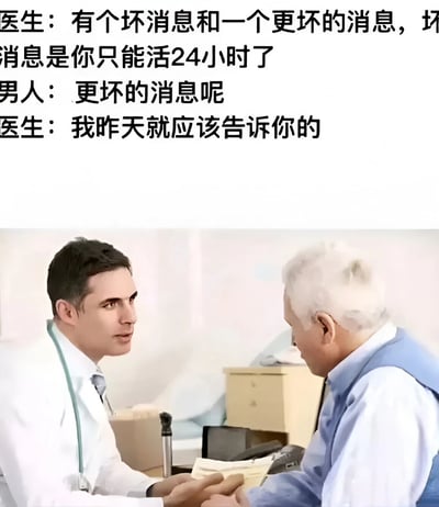图片上半部分为黑色文字对话，下半部分是医疗场景实拍图。医生（穿白大褂、戴听诊器）与一位白发老年男性患者相对而坐，医生手持文件。对话内容为：医生告知有两个坏消息，第一个是患者只能活24小时，患者追问更坏的消息时，医生回答“我昨天就应该告诉你的”。通过时间差制造黑色幽默效果，暗示患者的24小时生存期已过。
