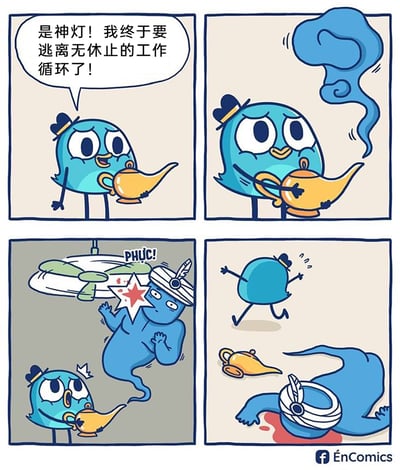 这是一则四格卡通连环漫画，讲述了职场人（蓝色小鸟）试图靠神灯逃离工作却遭遇意外的搞笑故事：第一格，戴着小礼帽的蓝色小鸟手持神灯，兴奋地畅想自己能摆脱无休止的工作循环；第二格，小鸟摩擦神灯，蓝色烟雾从灯中冒出，灯神即将现身；第三格，灯神刚从神灯里出来，就迎面撞上了头顶的吊扇，被打得头冒金星，发出拟声词“PHỤC!”；第四格，小鸟看到灯神的惨状，立刻丢下神灯慌张逃跑，灯神则倒在地上失去意识。漫画用反转的剧情，调侃了职场人想逃离工作的美好愿望落空的意外，充满荒诞的搞笑效果。