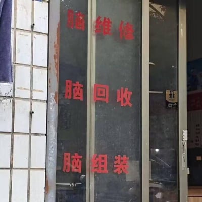 一家店铺的玻璃门上贴着红色大字，垂直排列着'脑维修'、'脑回收'、'脑组装'字样。表面上看起来像是提供大脑相关服务的奇特店铺，实际上是利用'脑'与'电脑'的谐音梗，实际业务应为电脑维修、回收和组装服务。