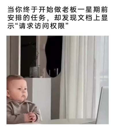 这是一张引发职场人共鸣的梗图，上方配有精准戳中职场拖延族的文字：“当你终于开始做老板一星期前安排的任务，却发现文档上显示‘请求访问权限’”，下方是一个表情憋屈无奈的小宝宝，双手交握放在桌前，盯着面前的电脑，用萌娃的可爱形象来还原职场人拖延到最后处理工作时，遭遇文档无权限这种突发状况的崩溃、尴尬又无语的心情，萌娃的严肃表情和职场糟心事形成反差，让吐槽更具趣味性，很容易让有类似经历的职场人产生共情。