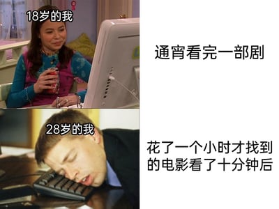 这是一张上下对比的图文拼接图，通过两个年龄段的状态反差，展现了年龄增长带来的精力变化。上图是18岁的少女，出自美剧《爱卡莉》，她坐在电脑前，手持罐装饮料，面带惬意，精神十足，配文显示她可以通宵看完一部剧；下图是28岁的男子，他脸趴在键盘上，双眼紧闭，困倦得直接陷入沉睡，配文说明他花了一小时找到的电影只看了十分钟就撑不住了。整体用幽默的方式调侃了从年轻到步入职场后，精力大幅下降的普遍现象，精准戳中打工人的共鸣点。