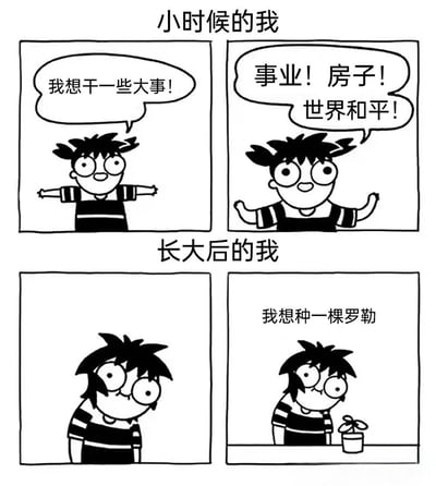 这是一张四格漫画，通过对比小时候和长大后的梦想变化制造幽默效果。上半部分标题为"小时候的我"，左侧格子中卡通人物张开双臂兴奋地说"我想干一些大事!"，右侧格子继续喊出"事业! 房子! 世界和平!"。下半部分标题为"长大后的我"，左侧格子中人物表情变得平静，右侧格子则看着一盆小植物说"我想种一棵罗勒"。通过夸张的梦想落差展现了成长过程中心态的转变，从追求宏大目标到满足于简单生活。