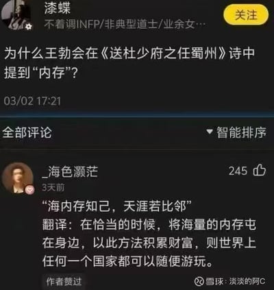 这是一张社交媒体页面截图，顶部显示用户“漆蝶”的账号信息，其简介标注为“不着调INFP/非典型道士/业余女…”，该用户发布提问：“为什么王勃会在《送杜少府之任蜀州》诗中提到“内存”？”；提问下方为评论区，用户“_海色灏茫”发布了一条获得245赞的回答，将王勃名句“海内存知己，天涯若比邻”进行恶搞歪解，利用断句巧合将“海内存”里的“内存”曲解为现代术语的内存，给出离谱翻译：“在恰当的时候，将海量的内存屯在身边，以此方法积累财富，则世界上任何一个国家都可以随便游玩”，该评论还被原提问作者点赞，图片右下角标注了相关来源为“雪球:淡淡的阿C”。