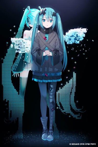 画面主体是身着灰黑赛博风外套的初音未来，她双手交叠放在身前，浅蓝色眼眸带着一丝茫然。在她身后，是半透明的经典造型初音虚影，身体部分由流动的二进制代码和像素块构成，仿佛正从数字数据中显现。深色的背景中点缀着像素化云朵、散落的音符和大量二进制代码，整体营造出虚拟歌姬在数字世界中形态切换的科技感氛围，充满赛博朋克与虚拟偶像的独特魅力。