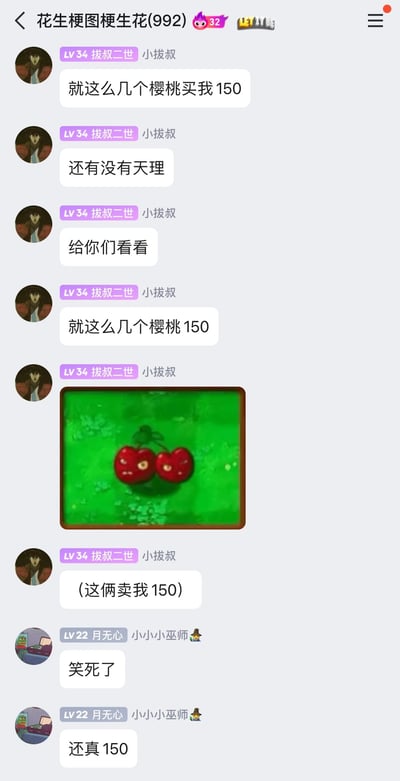 这是一张名为“花生梗图梗生花(992)”的群聊截图，群成员“拔叔二世（小拔叔）”连续发送消息，吐槽自己遇到的天价樱桃——仅两个樱桃就标价150元，直呼“还有没有天理”，随后他放出一张游戏《植物大战僵尸》里的樱桃炸弹的图片，用这个游戏道具来指代自己所说的“两个樱桃”，玩梗调侃价格的离谱；群成员“月无心（小小小巫师）”看到后回复“笑死了”“还真150”，表达对这个天价水果的调侃。整个对话充满搞笑吐槽的氛围，借助游戏道具的图片来放大对不合理定价的吐槽效果。