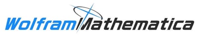 这是Wolfram Mathematica的官方品牌标志，画面左侧为蓝色的"Wolfram"英文单词，右侧为黑色的"Mathematica"英文单词，在文字上方配有一个由蓝色交叉线条与黑色弧形线条组成的抽象图形，整体排版简洁规整，色彩搭配专业克制，传递出这款科学计算软件的科技感与严谨性。