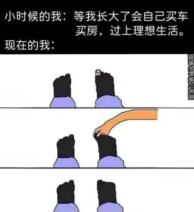 图片通过文字与连环漫画的形式，展现了童年理想与成年现实的鲜明对比。上方文字部分明确表达了“小时候的我”对未来的憧憬——买车买房、过上理想生活，而“现在的我”则以三格漫画呈现：前两格为两个黑色剪影人物（穿紫色领子衣服），中间一格有一只手伸向其中一个剪影，最后一格仍是两个剪影，画面简洁却充满张力。整体通过文字与图像的结合，幽默又无奈地反映了成长过程中理想与现实的差距，引发共鸣。