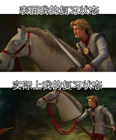 这是一张对比梗图，分为上下两部分，通过动画电影《怪物史莱克》中的角色展示了“表面我的复习状态”与“实际上我的复习状态”的强烈反差。上图中角色骑士英姿飒爽地骑在马上，象征表面看起来非常努力；下图则同样人物仅牵着一个假马头木棍，表达实际复习并不走心、敷衍了事的真实心态。这类讽刺性对比在学生圈非常流行，适合自嘲用。