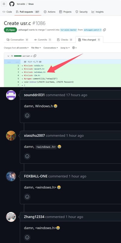该图为GitHub平台torvalds/linux仓库的Pull Request（PR）页面截图，PR标题为“Create usr.c #1086”。页面显示用户axhogal试图将包含“#include <Windows.h>”语句的代码合并到Linux内核主分支，该语句被红色箭头重点标注。下方评论区中，多位用户（sounddrill31、xiaozhu2007、FOXBALL-ONE）先后留言“damn. Windows.h 😂”或“damn. <windows.h> 😂”，以调侃在Linux内核代码中出现Windows系统头文件这一“跨界”行为。
