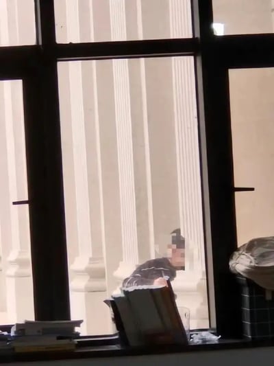 这张图片拍摄自一间教室或办公室的窗内，镜头对准窗外，可以看到一个男子带着疑似帽子的模糊头像，他正弯腰向窗户里偷看，显得有些神秘和滑稽。窗外是欧式或希腊风格的高大圆柱，增添了场景的正式感。窗内桌子上堆放着课本或文件，整体画风透着一丝轻松搞笑氛围。

如果作为梗图，有“偷窥”或者“偷师学艺”双关的潜质，非常适合用来做上课/上班偷看别人笑话或笔记等场景的表情包。